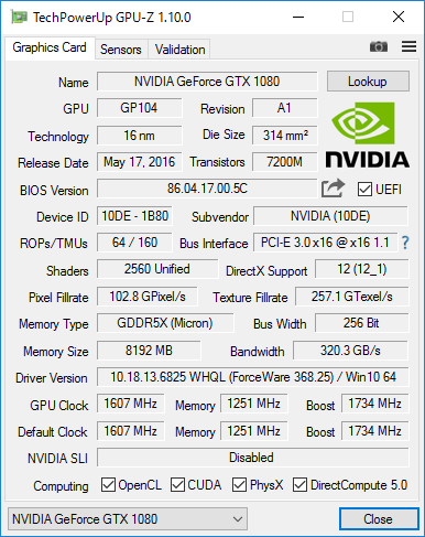 NVIDIA GeForce GTX 1080 JetStream 風のスペック（GPU-Zで確認）