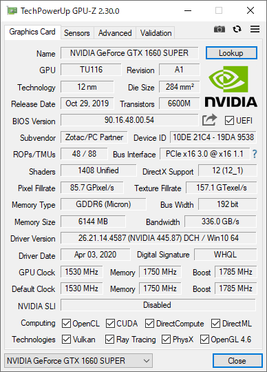 GPU-Z（GeForce GTX 1660 SUPER）