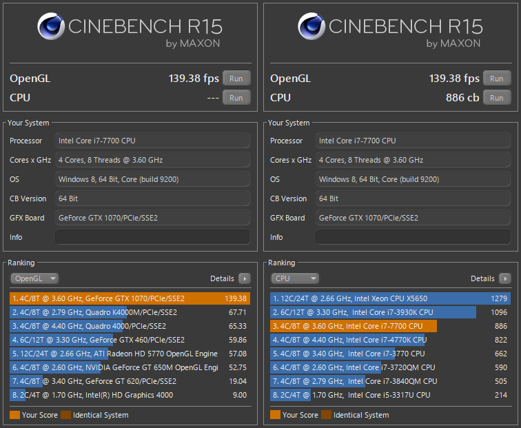Intel Core i7-7700 と Palit GeFoce GTX 1070 OC 8GB を CINEBENCH R15 で測定