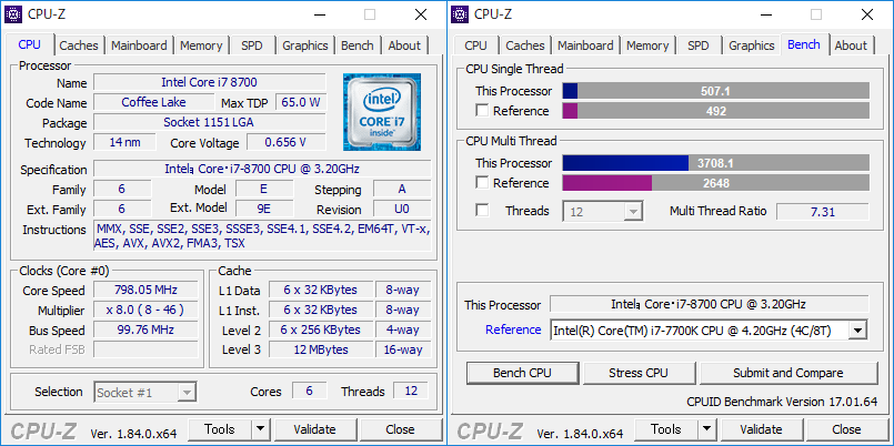 CPU-Z ベンチマーク結果「Core i7-8700K」