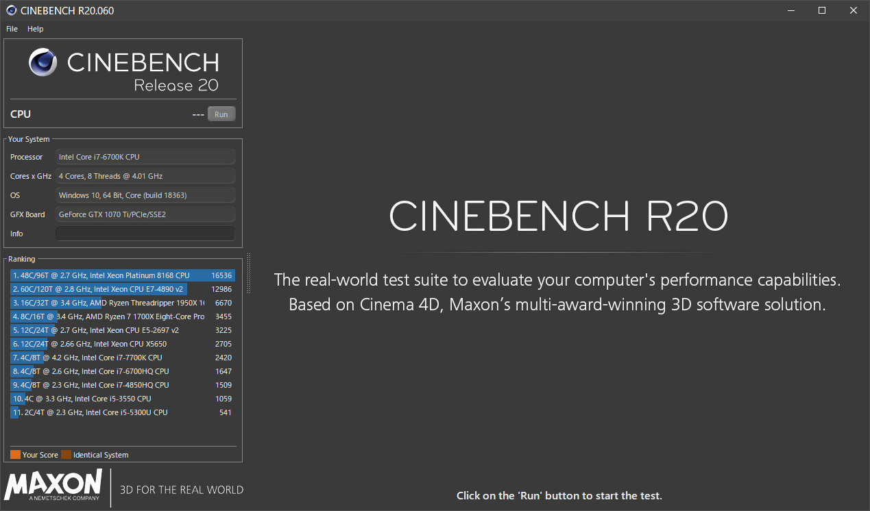 CINEBENCH R20 メニュー画面