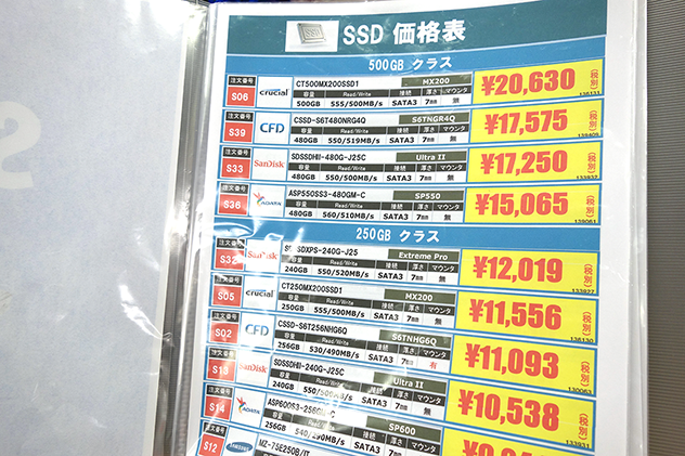 SSDの価格表。これらは甲府店のオリジナルだそうです。スタッフさん凄い。