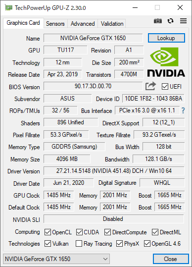 GPU-Z（GeForce GTX 1650）