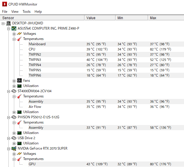 CPUID HWMonitor で raytrek ZF の各パーツの温度をチェック