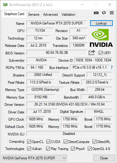 GPU-Z（ZOTAC GeForce RTX 2070 SUPER）