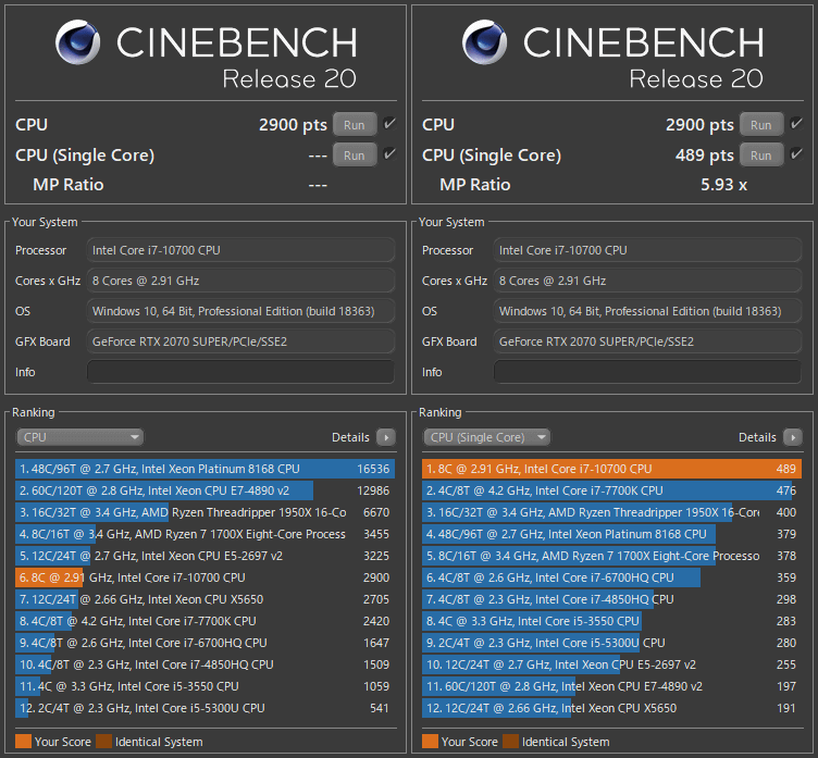 CINEBENCH R20 で Intel Core i7-10700 を測定
