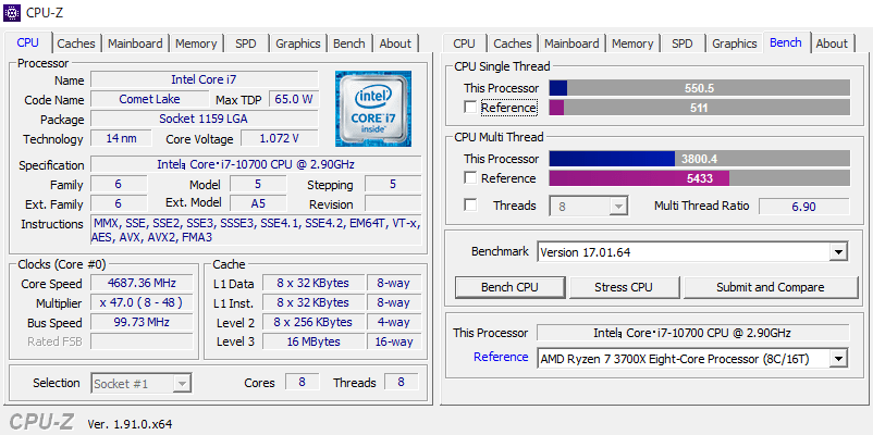 Intel Core i7-10700 の CPU-Z ベンチマーク結果