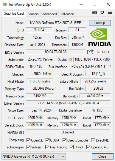 GPU-Z（ZOTAC GeForce RTX 2070 SUPER）