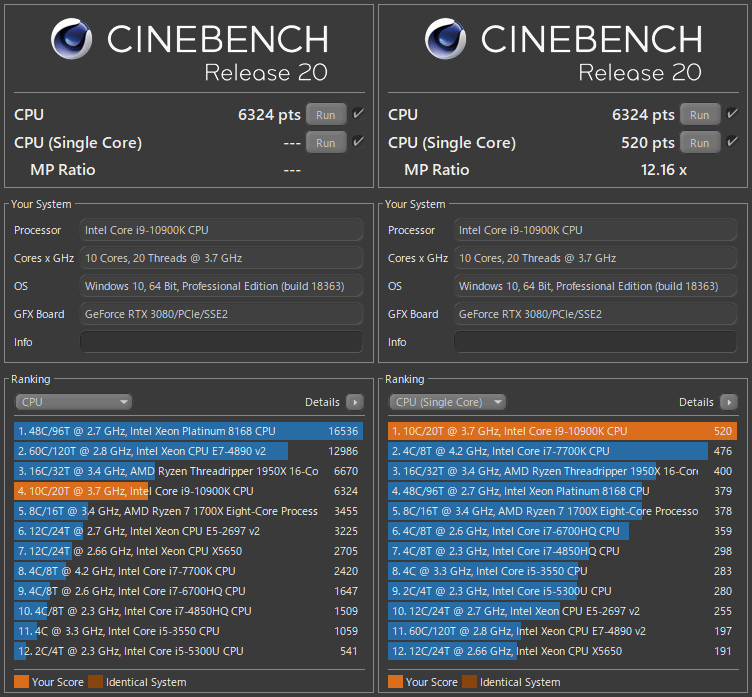 CINEBENCH R20 で Intel Core i9-10900K を測定