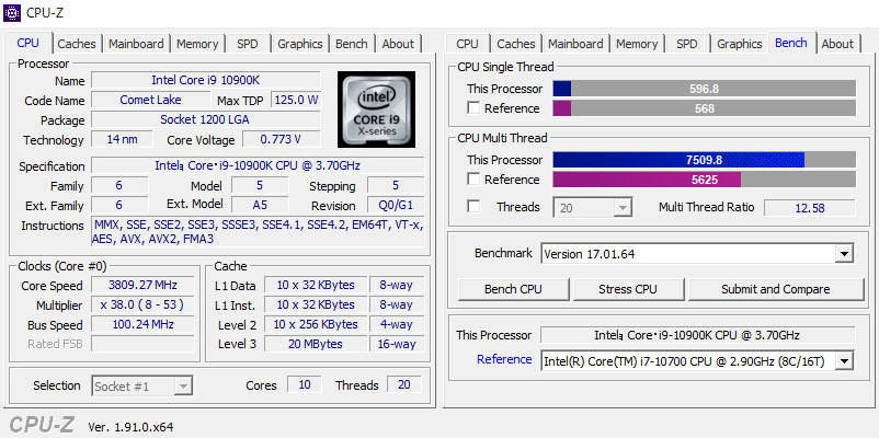 Intel Core i9-10900K の CPU-Z ベンチマーク結果