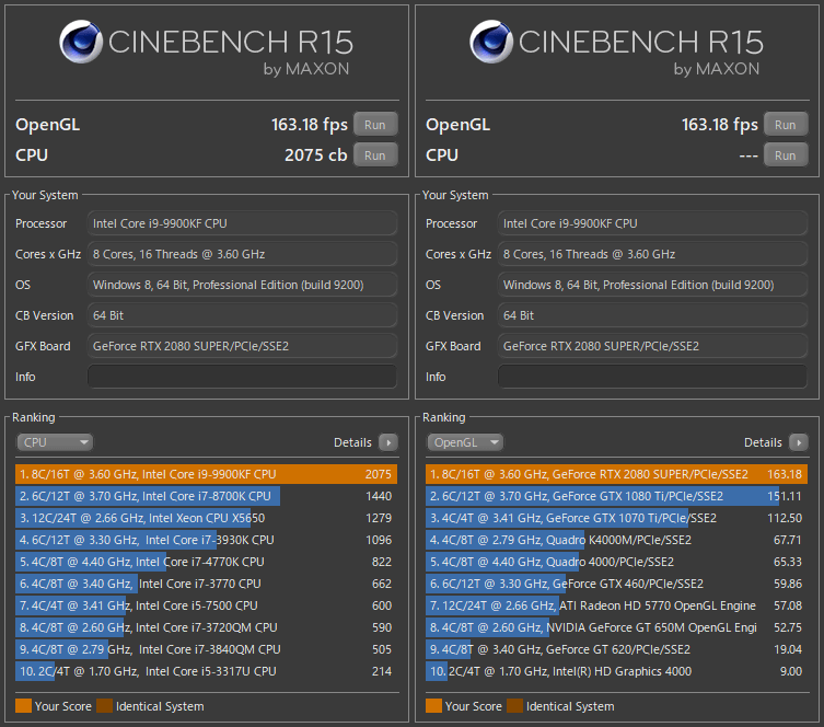 CINEBENCH R15 で Intel Core i7-9900KF & GeForce RTX 2080 SUPER を測定