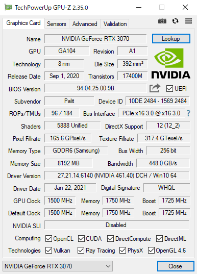 GPU-Z（Palit GeForce RTX 3090 GamingPro）