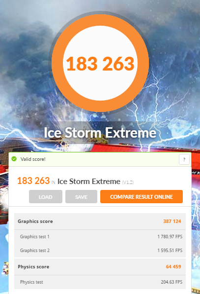 GALLERIA ZF（GeForce GTX 1070 8GB 搭載）の3DMARK（Ice Storm Extreme 1.2）の測定結果