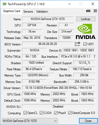 NVIDIA GeForce GTX GTX 1070 JetStream by GPU-Z 1.10.0