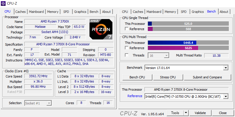 AMD Ryzen 7 3700X の CPU-Z ベンチマーク結果