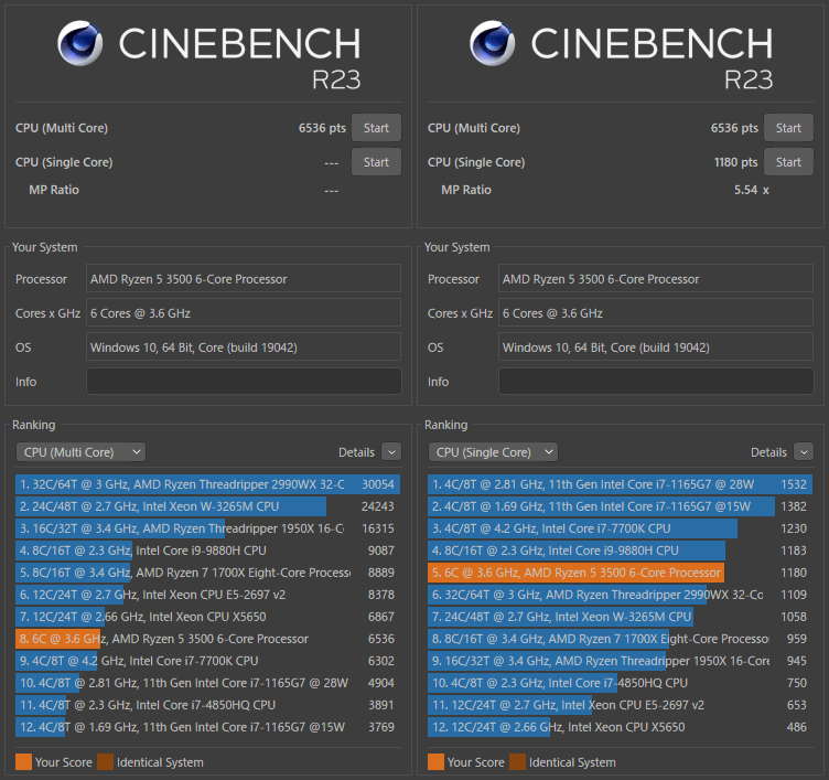 CINEBENCH R23 で AMD Ryzen 5 3500 を測定