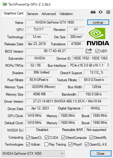 GPU-Z（MVIDIA GeForce GTX 1650