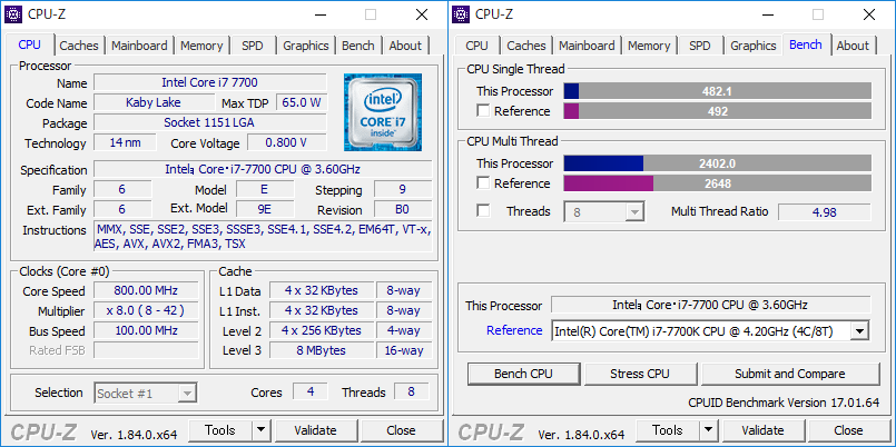 CPU-Z ベンチマーク結果「Intel Core i7 7700