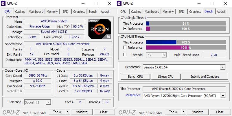 CPU-Z ベンチマーク結果「Ryzen 5 2600」