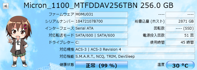 Crucial Micron_1100_MTFDDAV256TBN 256.0 GB の読み書き速度を CrystalDiskMark で