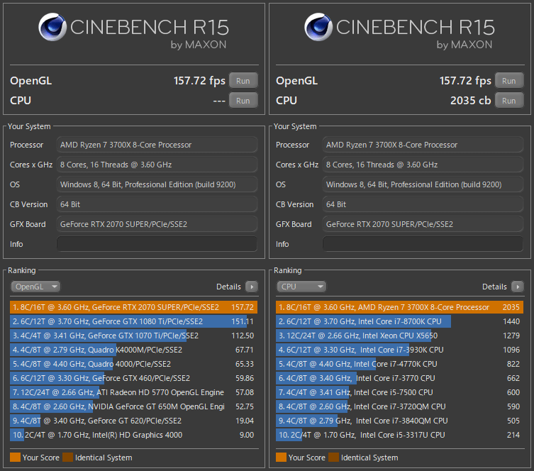 CINEBENCH R15 で Intel Core i7-9900KF & GeForce RTX 2080 SUPER を測定
