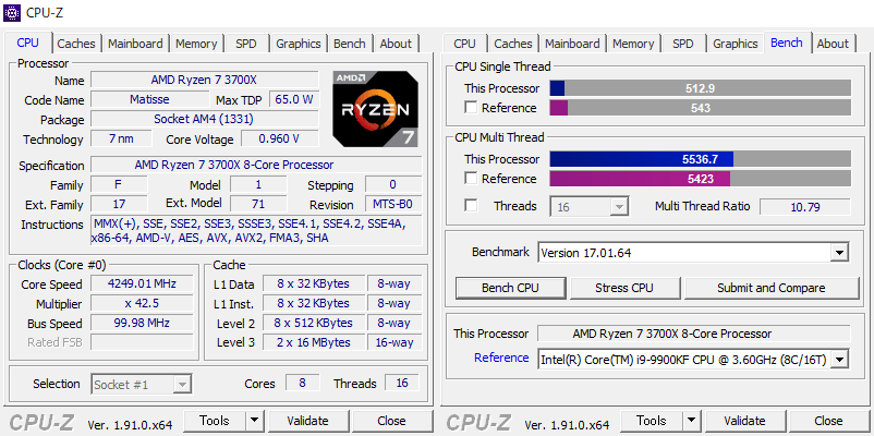 Intel Core i9-9900KF の CPU-Z ベンチマーク結果