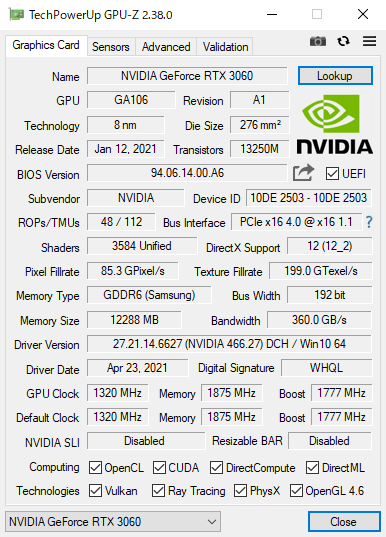 GPU-Z（NVIDIA GeForce RTX 3060）
