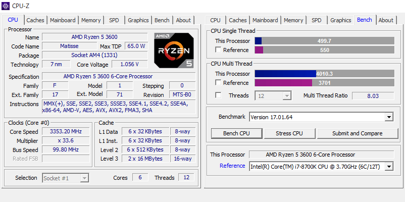 AMD Ryzen 5 3600 の CPU-Z ベンチマーク結果