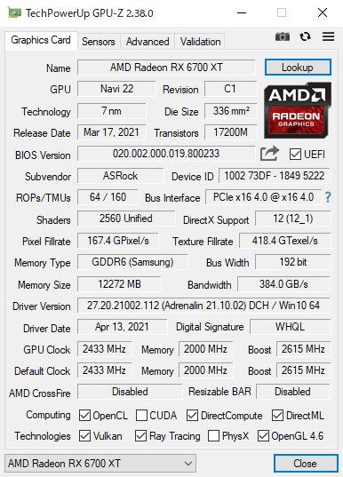 GPU-Z（MVIDIA Radeon RX 6700 XT