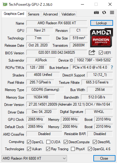 GPU-Z（NVIDIA Radeon RX 6800 XT）