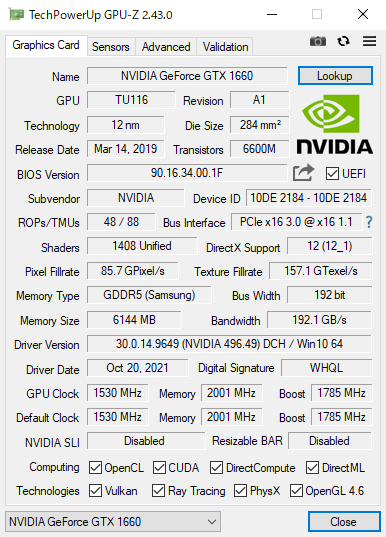 GPU-Z（NVIDIA Geforce GTX 1660）