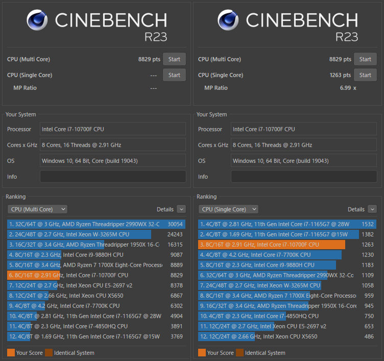 CINEBENCH R23 で Intel Core i7-10700F を測定