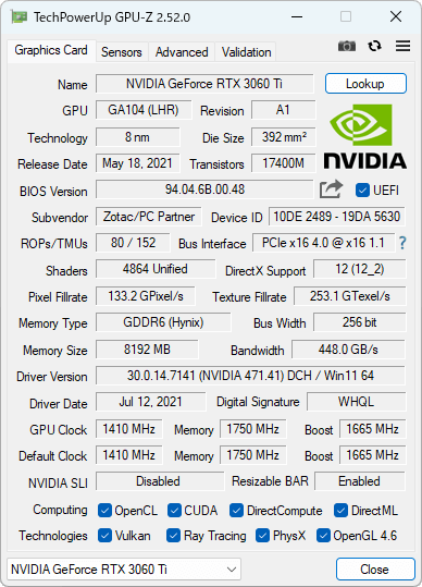 GPU-Z（ZOTAC GeForce RTX 3060 Ti）