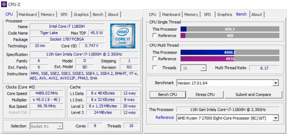 Core i7-11800H の CPU-Z ベンチマーク結果