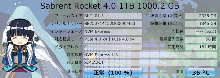 CrystalDiskInfo の Sabrent Rocket 4.0 1TB 1000.2 GB の情報