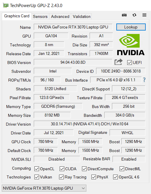 GPU-Z（GeForce RTX 3070 Laptop GPU）