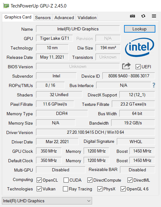 GPU-Z（Intel UHD Graphics）