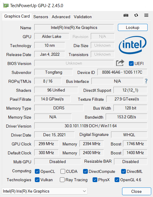 GPU-Z（Intel Iris Xe Graphics）
