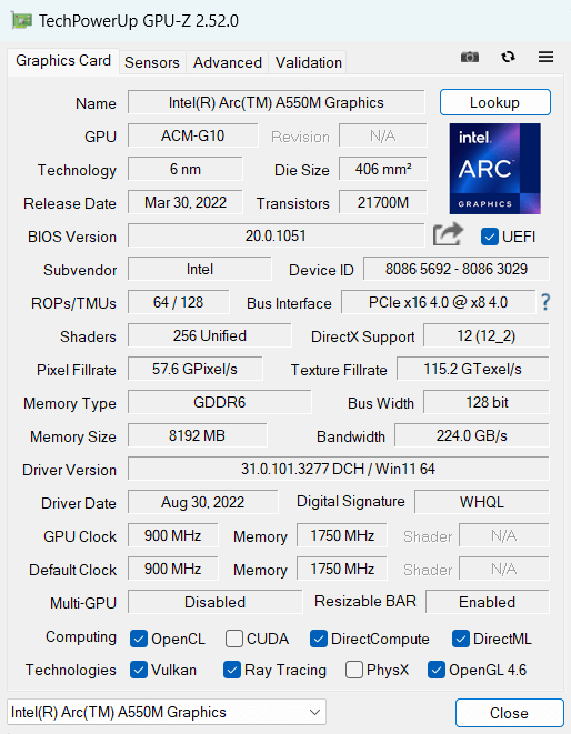 GPU-Z（Intel Arc A550M Graphics）
