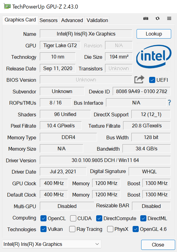 GPU-Z（MVIDIA Intel Iris Xe graphics