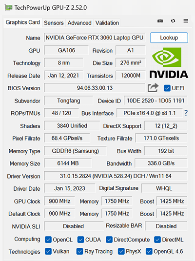 GPU-Z（GeForce RTX 3060 Laptop GPU）