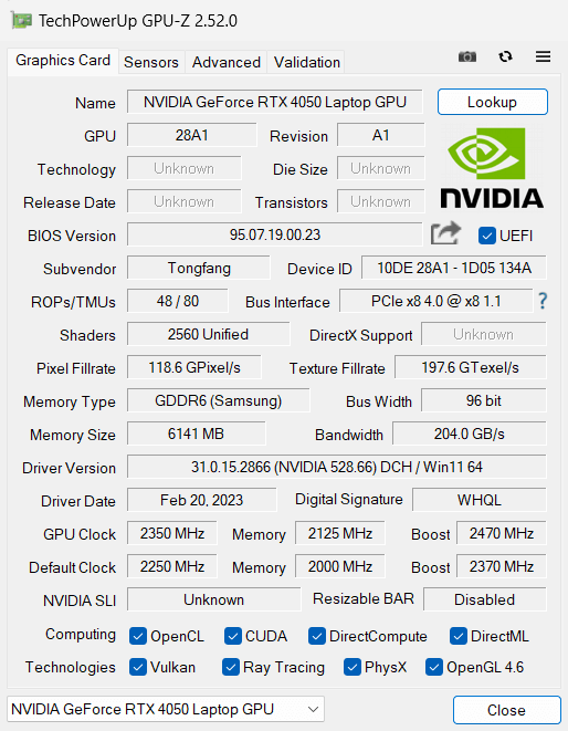 GPU-Z（GeForce RTX 4050 Laptop GPU）