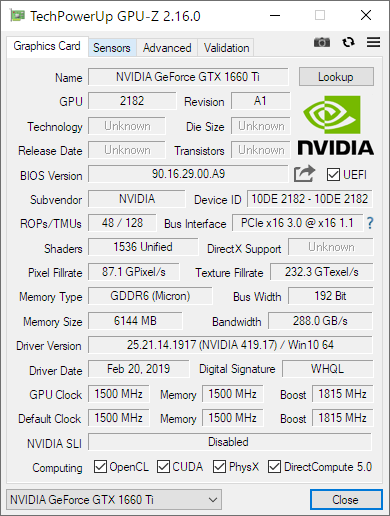 GPU-Z 2.16.0 GeForce GTX 1660 Ti